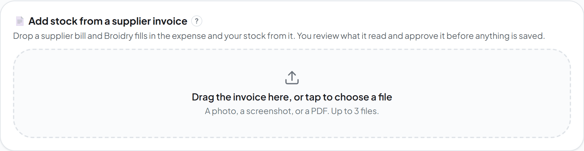 The invoice drop zone on the Money page's Expenses tab.