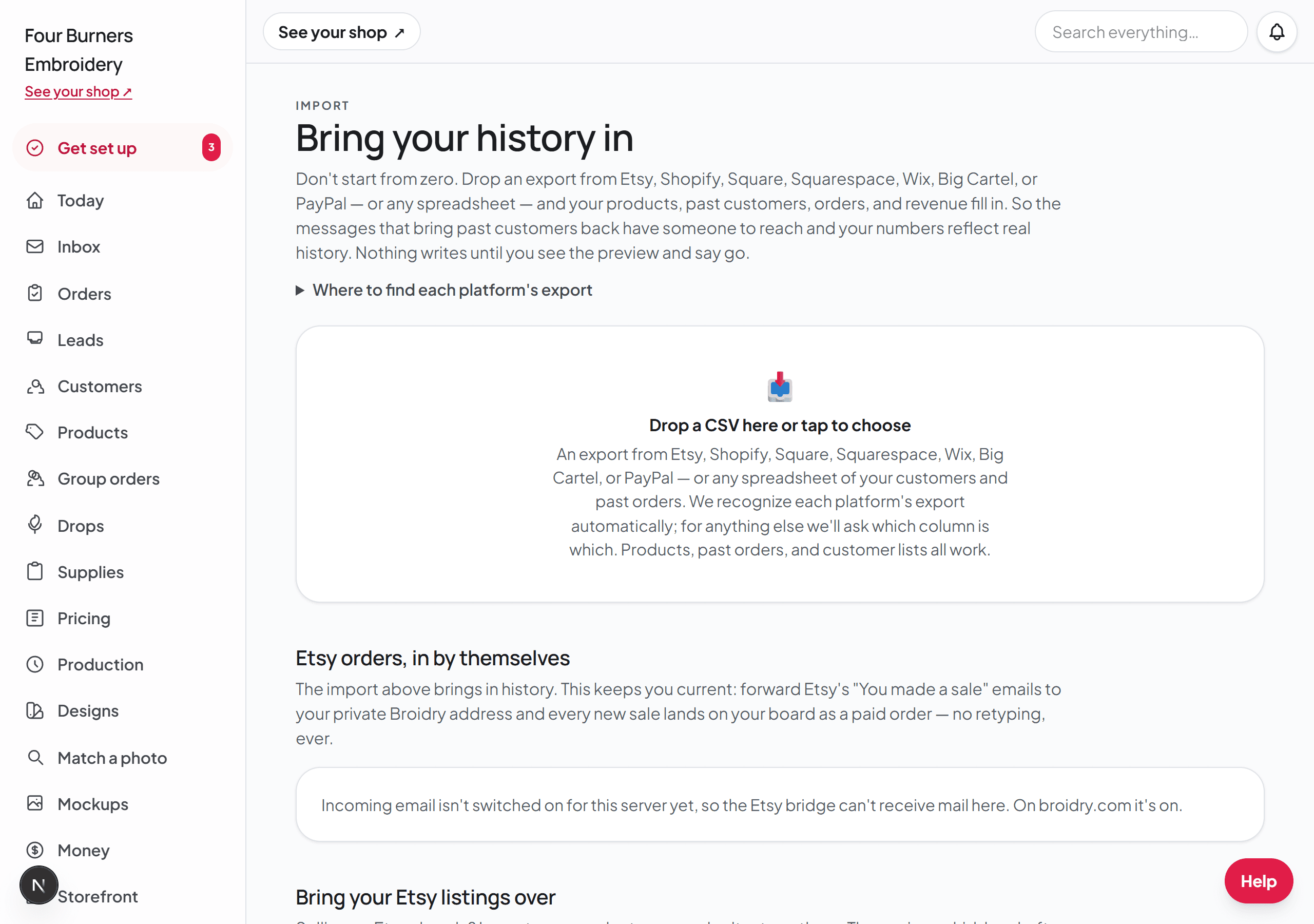The Import page with the drop-a-CSV zone and, below it, the Etsy orders section.