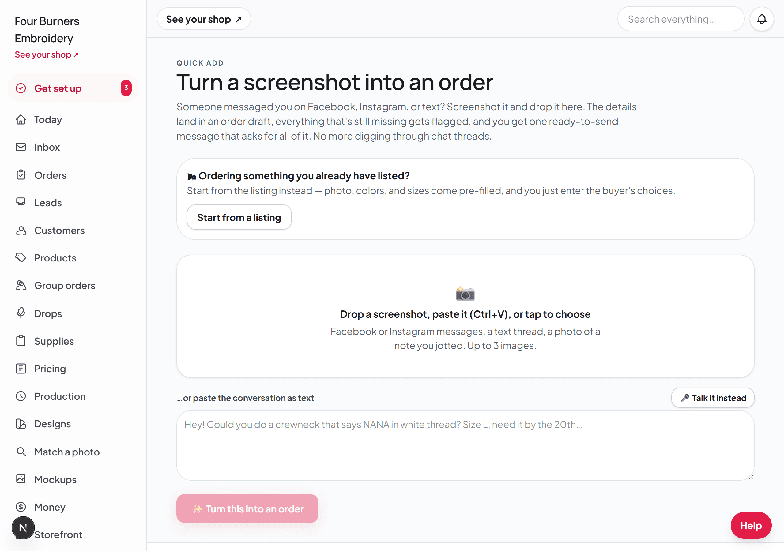 The Turn a screenshot into an order page, with a drop zone for screenshots and a box for pasting the conversation as text.