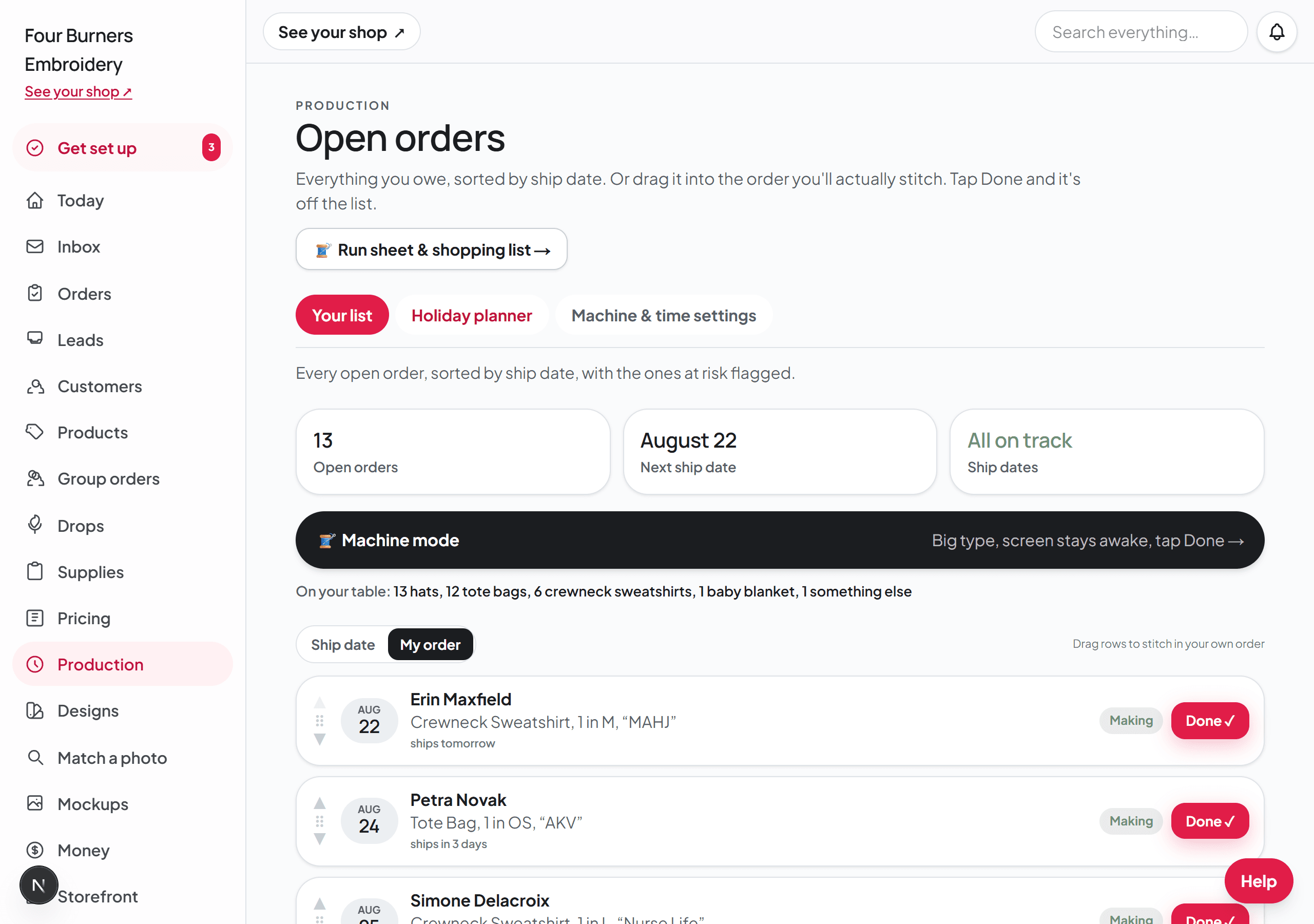 The Production page: the three tabs, the open-order counts, the Machine mode strip, and the make list sorted by ship date.