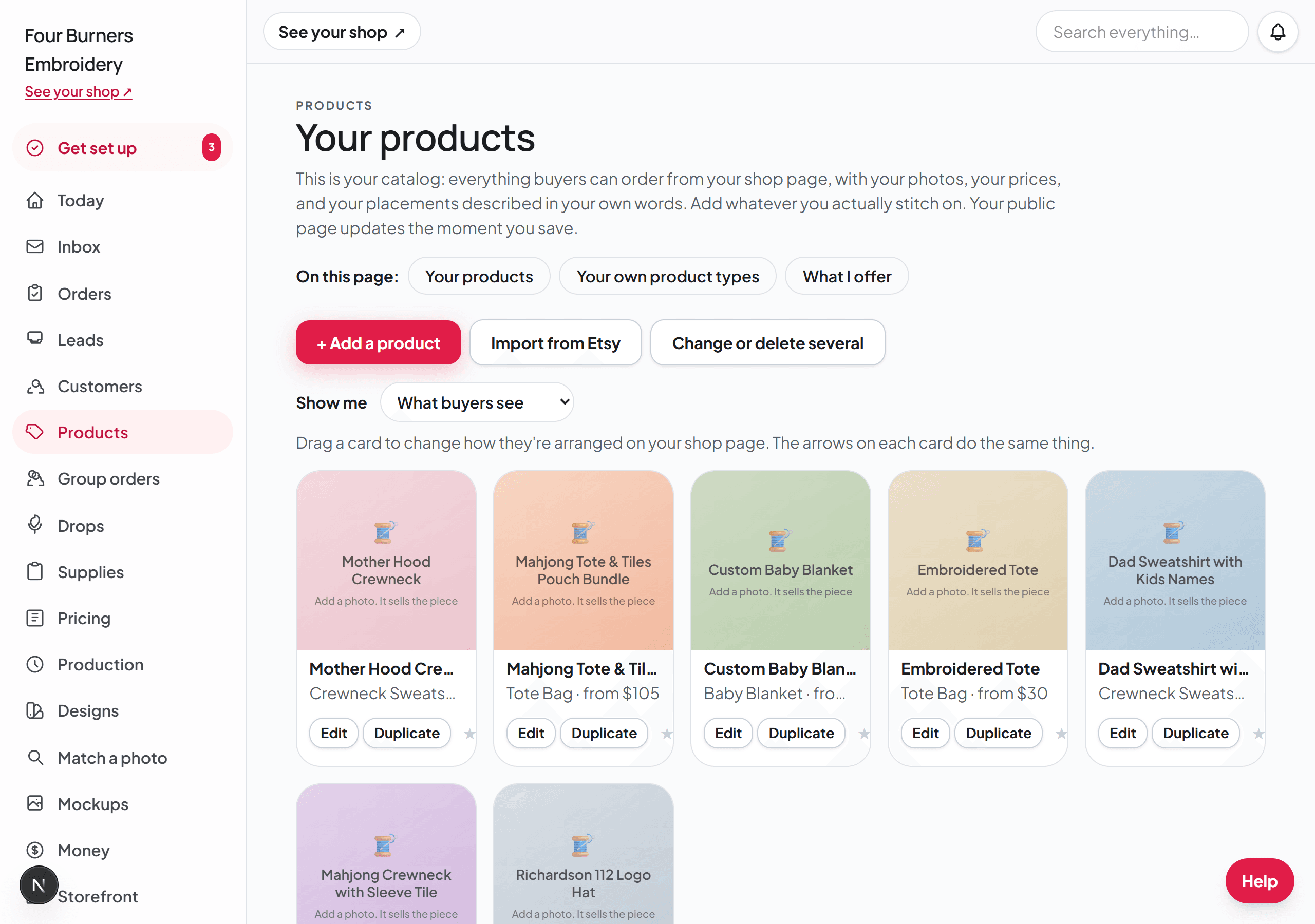 The Products page: the product cards that appear on the shop page, with Add a product, Import from Etsy, and drag-to-reorder.