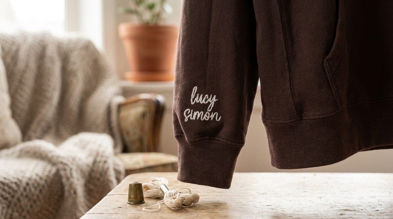 A real embroidered crewneck restaged by the Listing Studio into a cozy styled scene