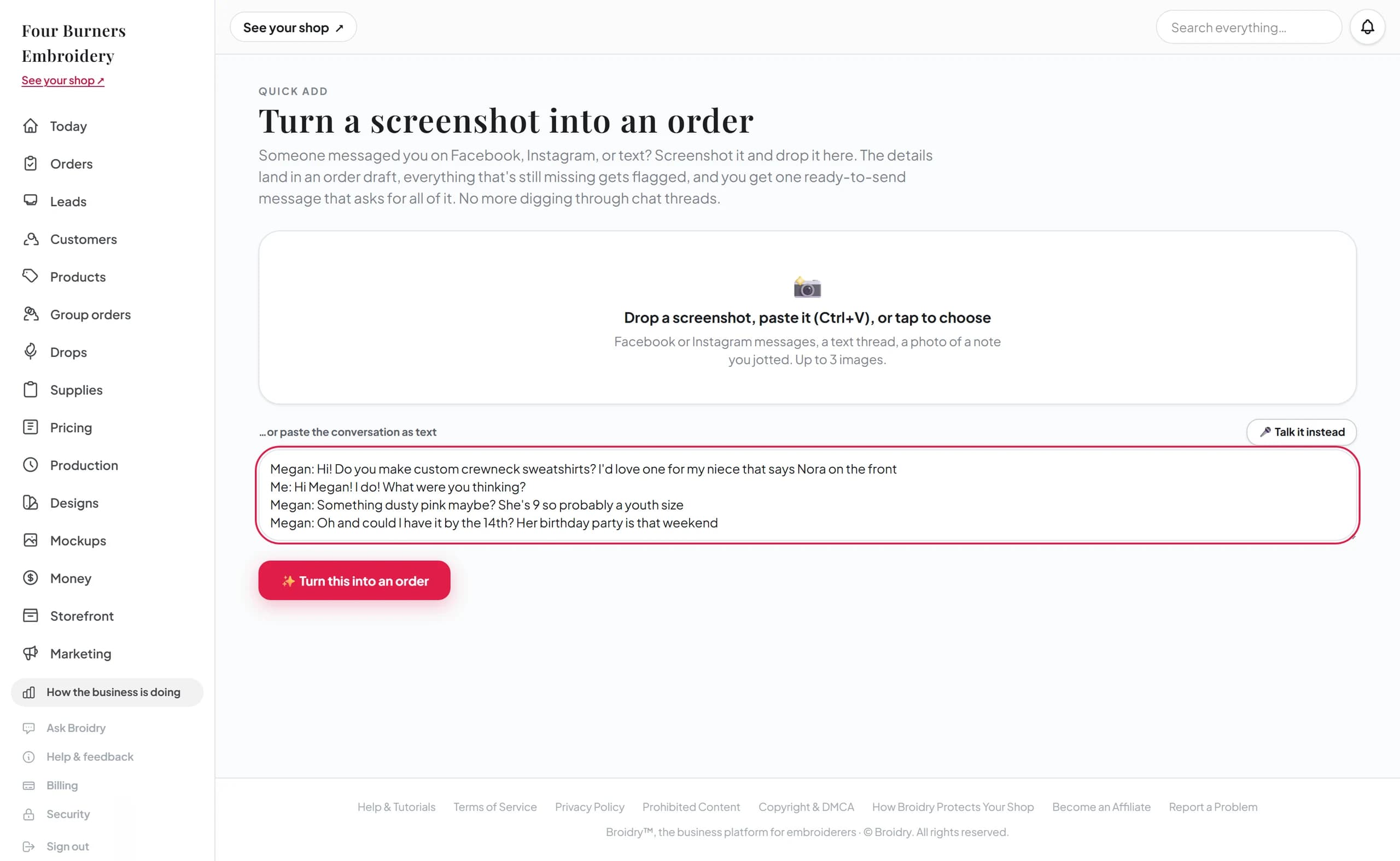 A pasted Facebook conversation on the Quick add page, about to become an order
