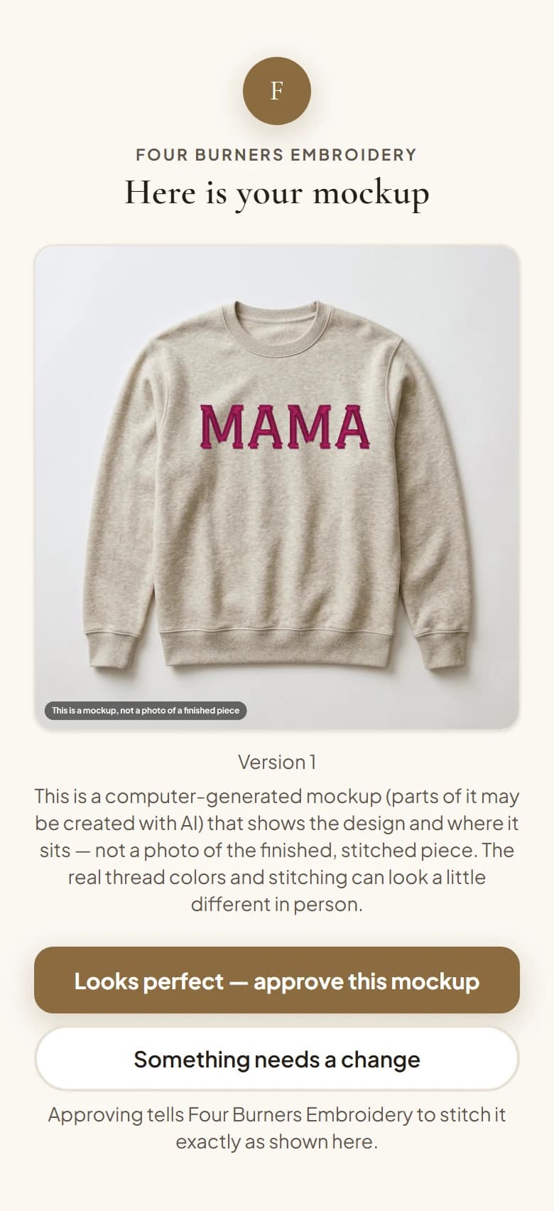 The customer approval page on a phone, showing the embroidered design on the garment, the wording to check, and the approve button