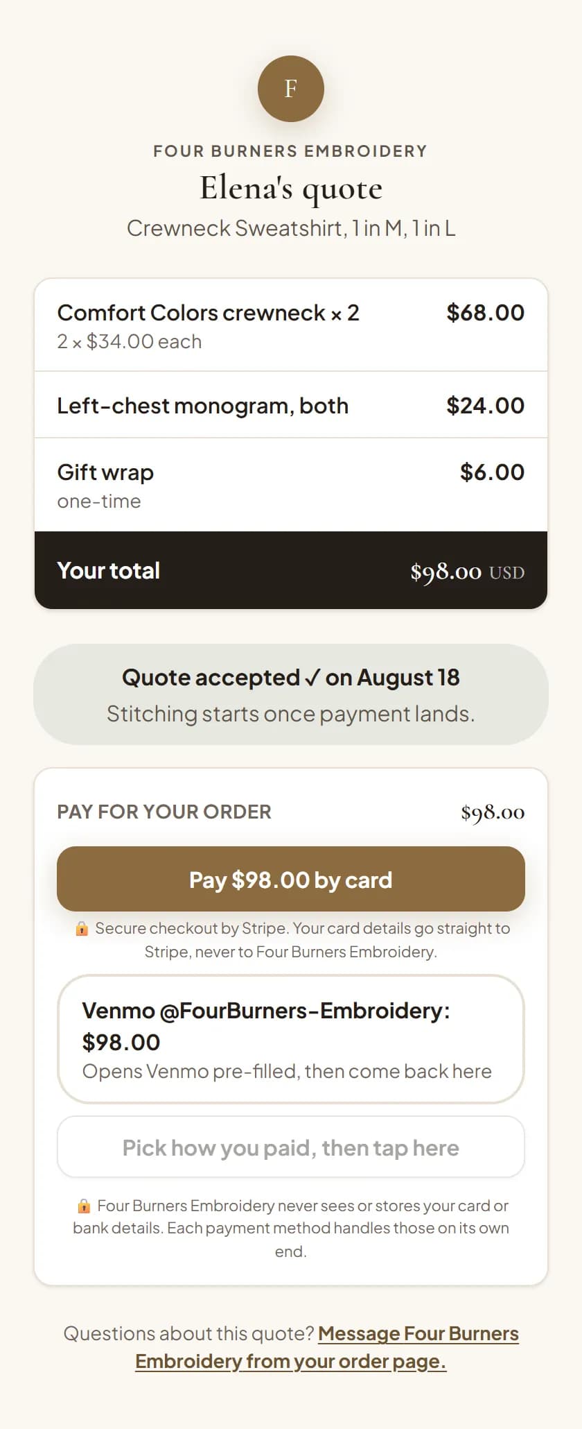 A customer's quote page on a phone: an itemized quote for two crewnecks, a $98 total, and buttons to pay by card or Venmo